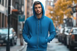 Man in blue hoodie standing on street photo