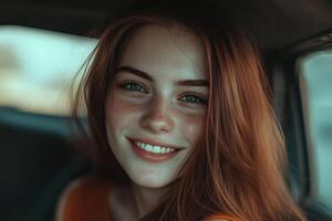 A woman with freckles smiling in a car photo