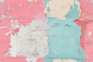 A pink and blue painted wall with peeling paint photo