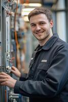 A man in a black jacket standing in front of a machine photo
