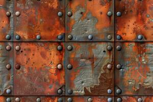 A rusted metal plate with rivets and rivets photo