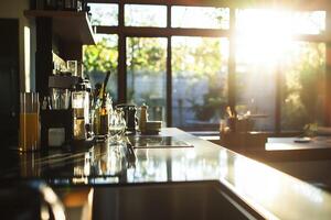 Kitchen with sunlight shining through the window photo