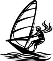 Windsurfing Silhouette with Dynamic Waves and Rider in Action Retro Style Graphic Design vector