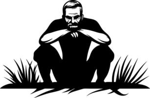 Contemplative Man Sitting in Nature Surrounded by Grass Illustration vector