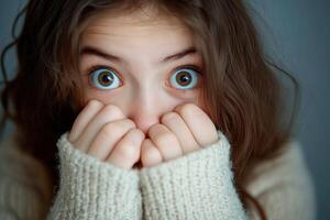 A woman with big eyes covering her face photo