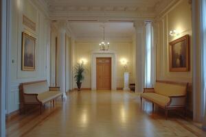 A hallway with a bench and a light fixture photo