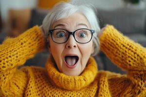 An older woman with glasses and a yellow sweater is surprised photo