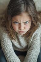 A young girl with an angry expression photo