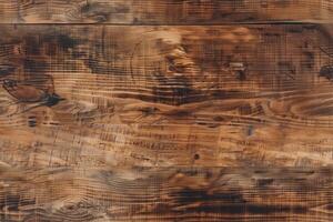 Rustic wooden surface with rich brown tones and visible grain patterns, showcasing a weathered and textured appearance. photo