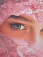 A close up of a woman's face with pink flowers photo