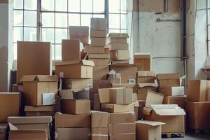 A cluttered warehouse filled with stacked cardboard boxes of various sizes, creating a chaotic yet organized appearance. Natural light filters through large windows, illuminating the scene. photo