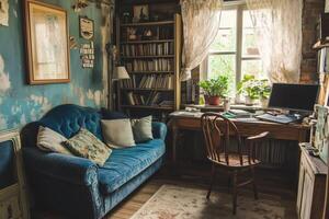 A blue couch in a room photo