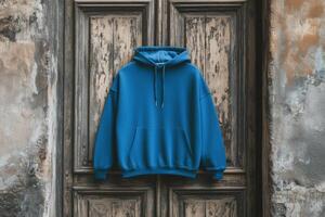A blue color hoodie mockup against a rustic wooden door background, showcasing its casual style and texture. Sweatshirt with hood long sleeve for print. photo