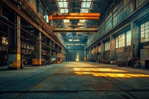 An empty industrial warehouse with a crane in the middle photo