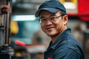 A smiling CNC machine operator man wearing glasses and a cap, working in a workshop environment. He appears focused and content, with machinery and tools in the background. photo