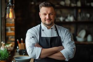 A male chef standing in a kitchen with his arms crossed photo