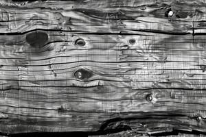 Weathered wooden grain planks, showcasing intricate grain patterns and knots. The image is in black and white, highlighting the texture and age of the wood. photo