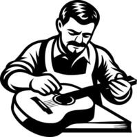 Guitar Luthier Craftsmanship Expert Handcrafting Acoustic Guitar in Workshop Setting vector