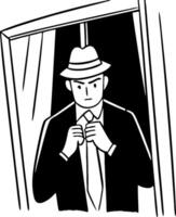 Dapper Man Adjusting Tie in Window Frame Stylish Detective Illustration for Design Projects vector