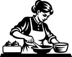 Woman Cooking in Kitchen with Pan and Bowl Vintage Style Illustration for Culinary Art vector