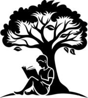 Young Reader Under Tree Reading Book in Peaceful Natural Setting vector