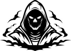 Menacing Grim Reaper Character in Dark Hooded Cloak Surrounded by Mysterious Clouds vector