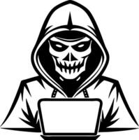 Mysterious Skull Hacker in Hoodie Using Laptop Digital Illustration for T-Shirt Design vector