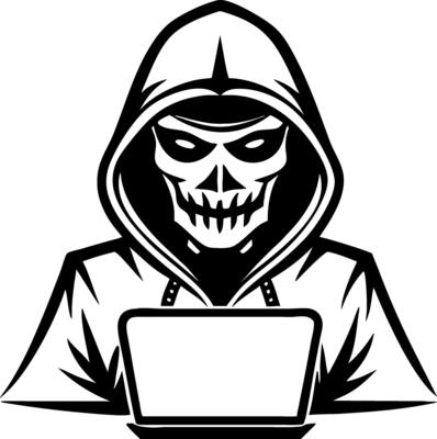 Mysterious Skull Hacker in Hoodie Using Laptop Digital Illustration for T-Shirt Design