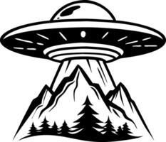 UFO Hovering Above Scenic Mountains and Pine Forest Outline Art for Tattoo and Merchandise Design vector