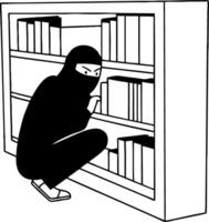 Ninja Stealing Books from a Bookshelf Illustration for Creative Projects and Design vector