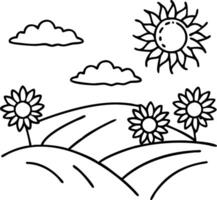 Sunny Landscape with Sunflowers Rolling Hills and Clouds Ideal for Coloring Pages and Tattoos vector