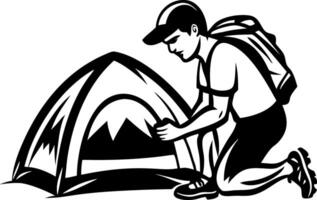 Man Setting Up Camping Tent in Wilderness Outdoor Adventure Scene for Travel Enthusiasts vector