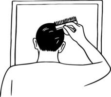 Man Combing Hair in Mirror Simple Minimalist Illustration for Tattoo Design or Coloring Book vector