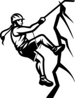 Female Rock Climber Ascending Vertical Cliff with Safety Gear in Dynamic Pose vector