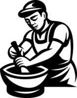 Traditional Cook Preparing Ingredients in a Mortar with Pestle for Authentic Cuisine vector