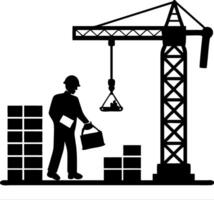 Construction Worker Carrying Tools Next to Crane and Building Materials for Industrial Projects vector