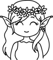 Charming Smiling Elf Girl with Flower Crown Character Design for Coloring Pages Tattoos vector