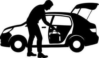 Silhouette of Man Loading Bags into Car Trunk Perfect for Transportation and Travel Illustrations vector