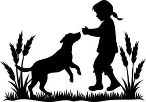 Playful Child and Dog Silhouette in Grass Scene Perfect for Home Decor and Crafts vector