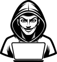 Creepy Hacker with Hooded Sweatshirt Using Laptop Design for Merchandise and Tattoos vector