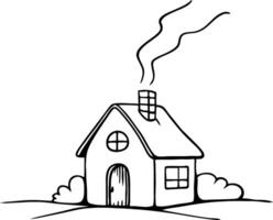 Charming Hand-Drawn House with Smoke Rising and Surrounding Bushes Ideal for Home Decor and Crafts vector