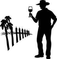 Silhouette of a Vineyard Worker Holding a Wine Glass Standing Next to Grape Vines and Fencing vector