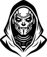 Futuristic Cyberpunk Character with Hooded Cloak and Robotic Facial Features for Tattoo Design vector