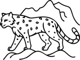 Stylized Snow Leopard Walking on Mountain with Simple Outline Design for Coloring Book or Tattoo vector