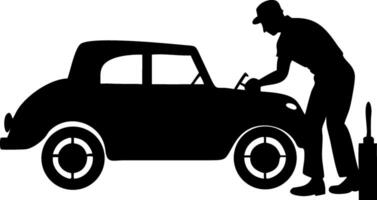 Mechanic Working on Classic Car Engine Troubleshooting for Automotive Repair Services vector