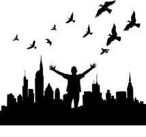 Silhouette of a Person Embracing Freedom with Urban Skyline and Birds in Flight vector