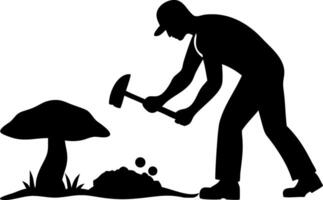 Gardener Digging Soil with Shovel Next to Mushrooms Artistic Illustration vector