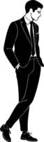 Elegant Stylish Man in Suit with Hands in Pockets Fashion Illustration for Design Projects vector