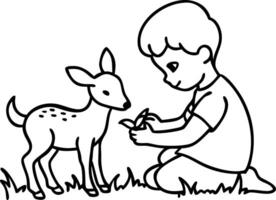 Child Interacting with Fawn in Nature Exploring Innocence and Connection to Wildlife vector
