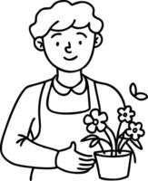 Gardener Holding Potted Flowers with Butterfly Art for Coloring Book and Tattoos vector